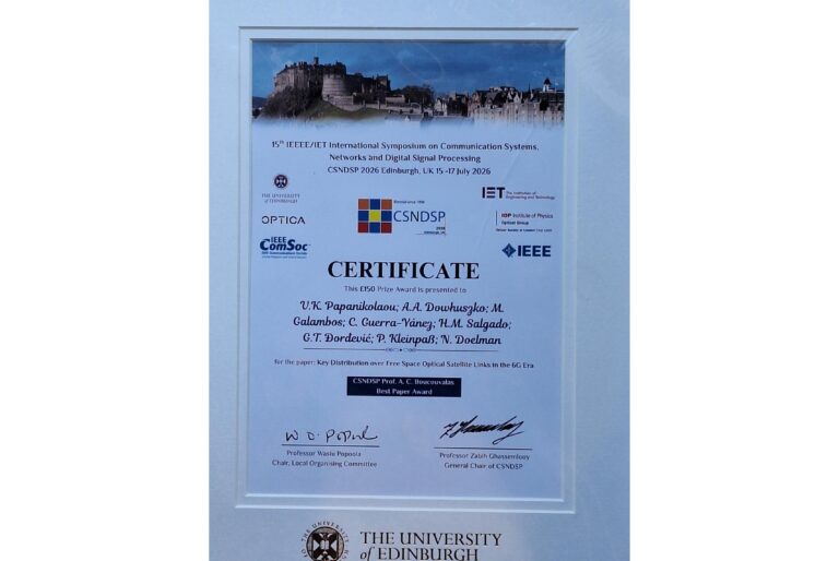 Vasilis Papanikolaou Wins Best Paper Award at IEEE CSNDSP 2026